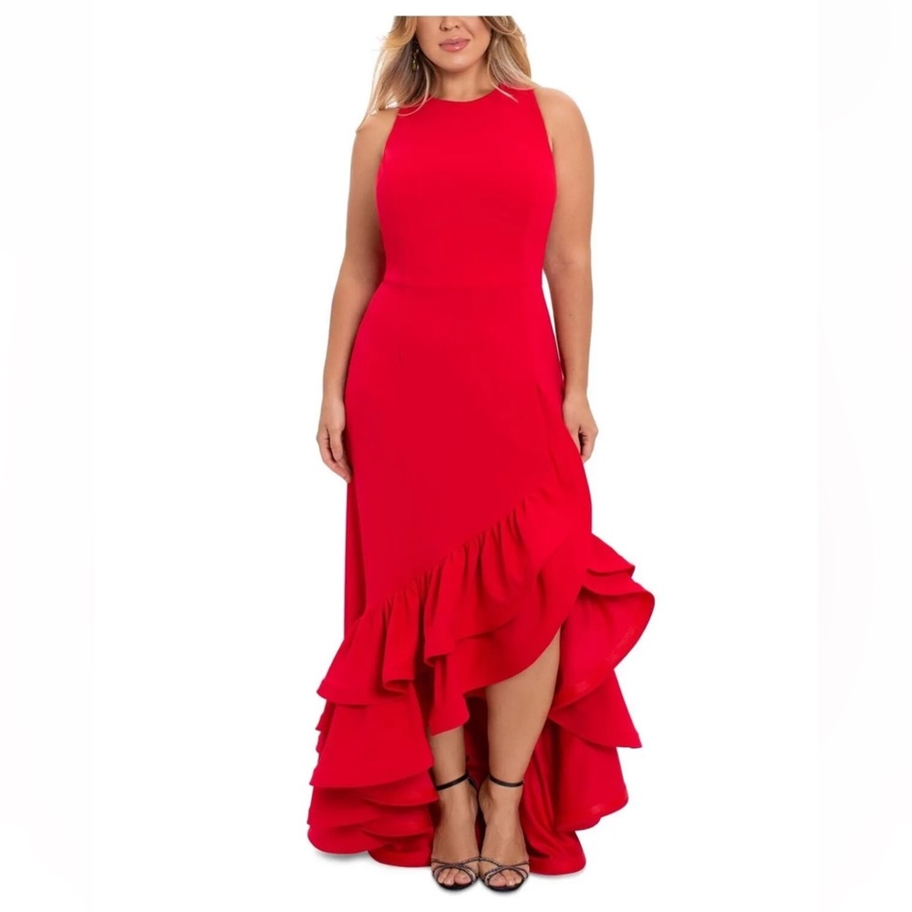 Nordstrom Betsy & Adam Red Crepe Arielle Scuba Hi Low Ruffle Dress